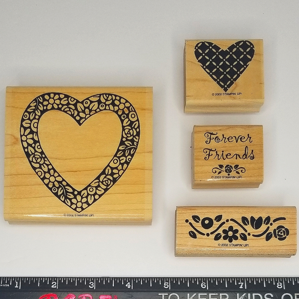Stampin' Up! Retro 2002 Four Piece "Hearts & Posies" Wooden Rubber Stamps Set